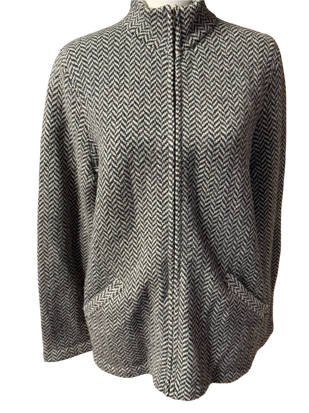 Lauren Ralph Lauren Grey Herringbone Lambswool Full Zip Sweater Jacket Sz Small